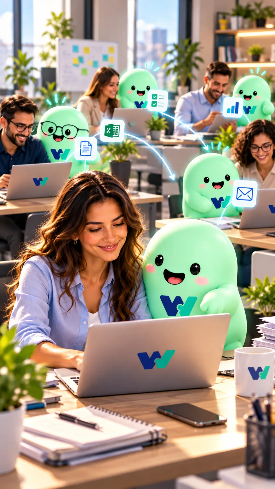 Una persona trabaja con su agente Worki, junto a otros compañeros y sus asistentes.