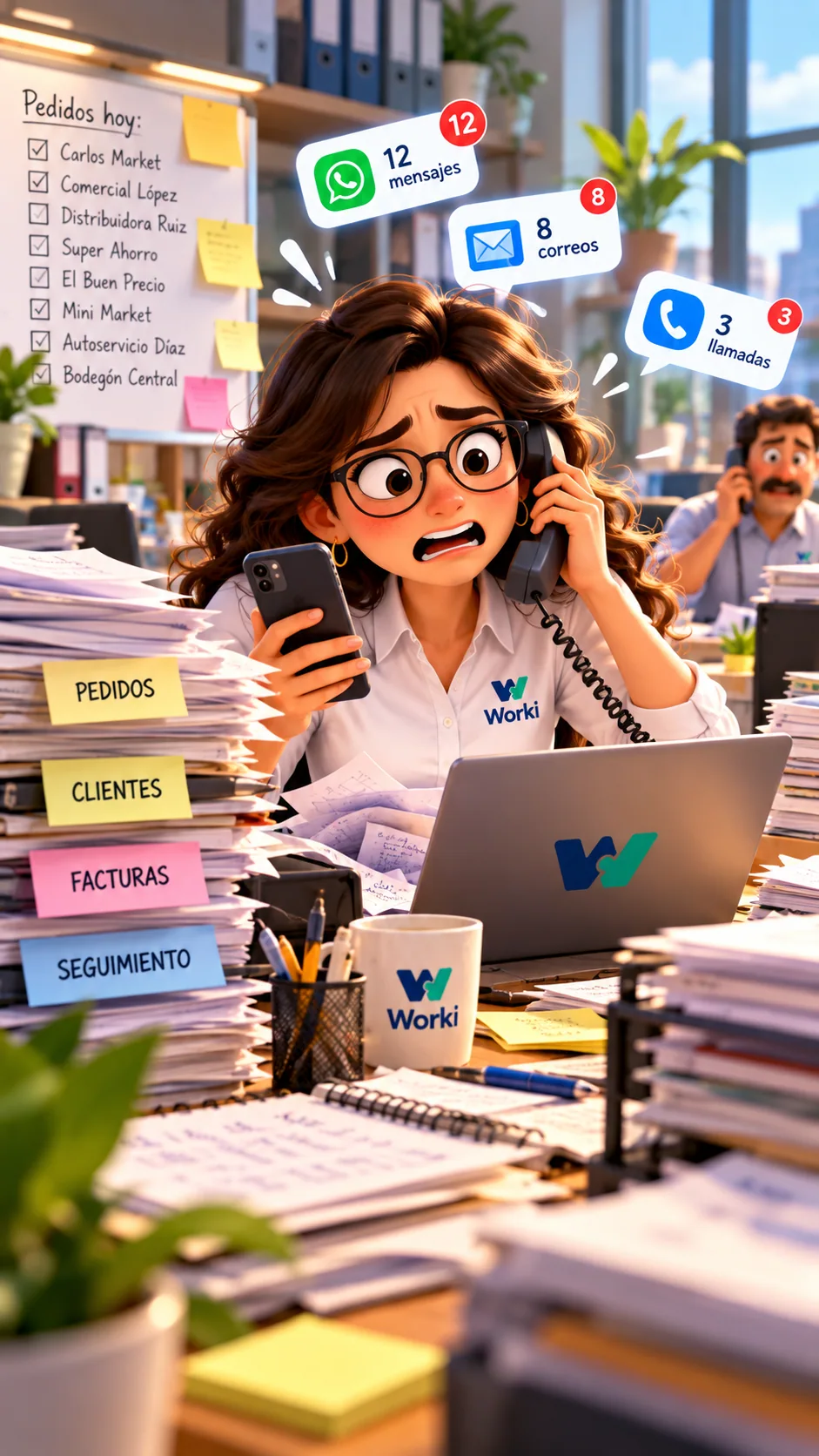 Una persona de oficina recibe mensajes, correos y llamadas mientras organiza pedidos en papel.