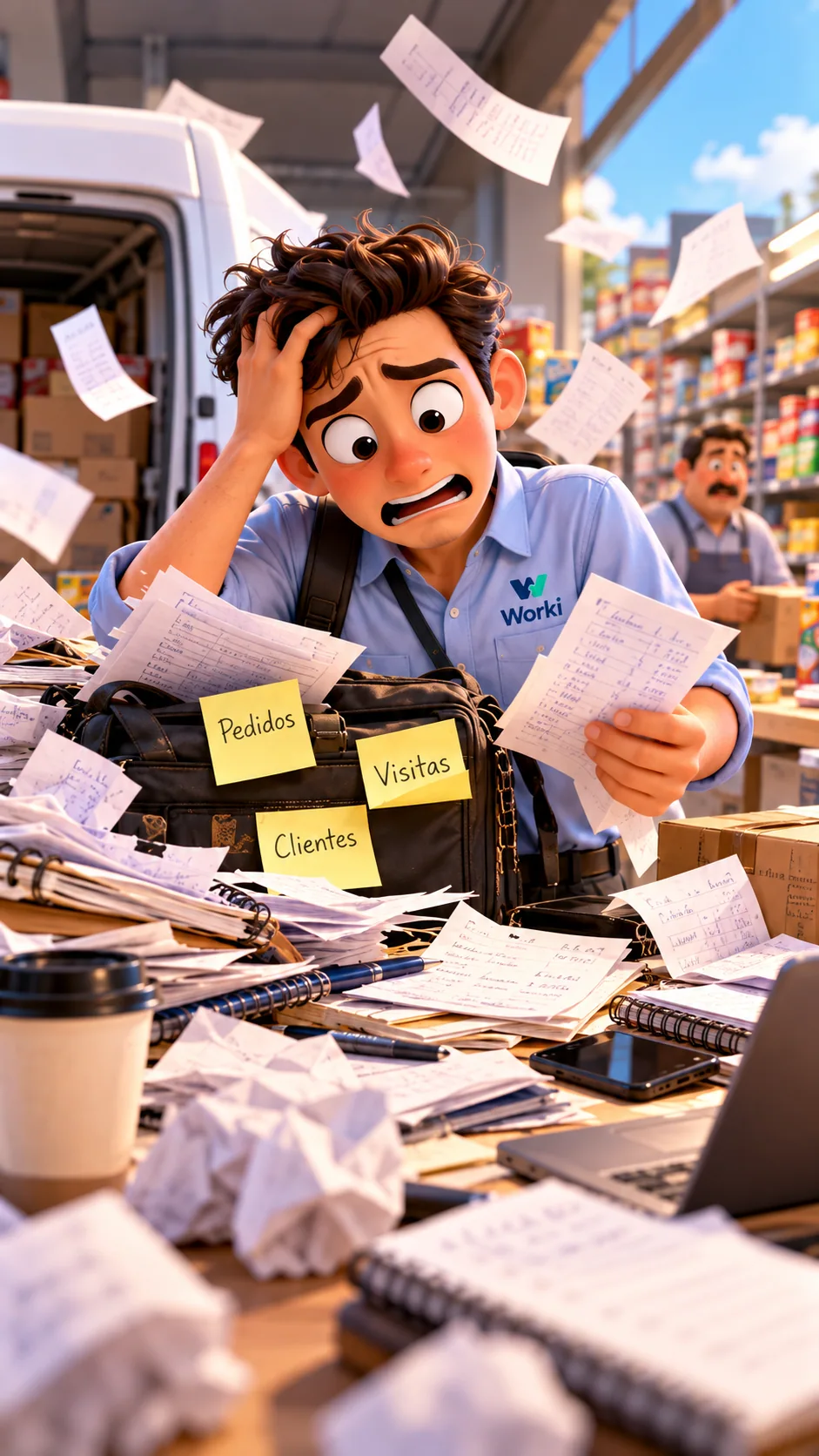 Un vendedor intenta ordenar notas de pedidos, visitas y clientes entre montones de papeles.