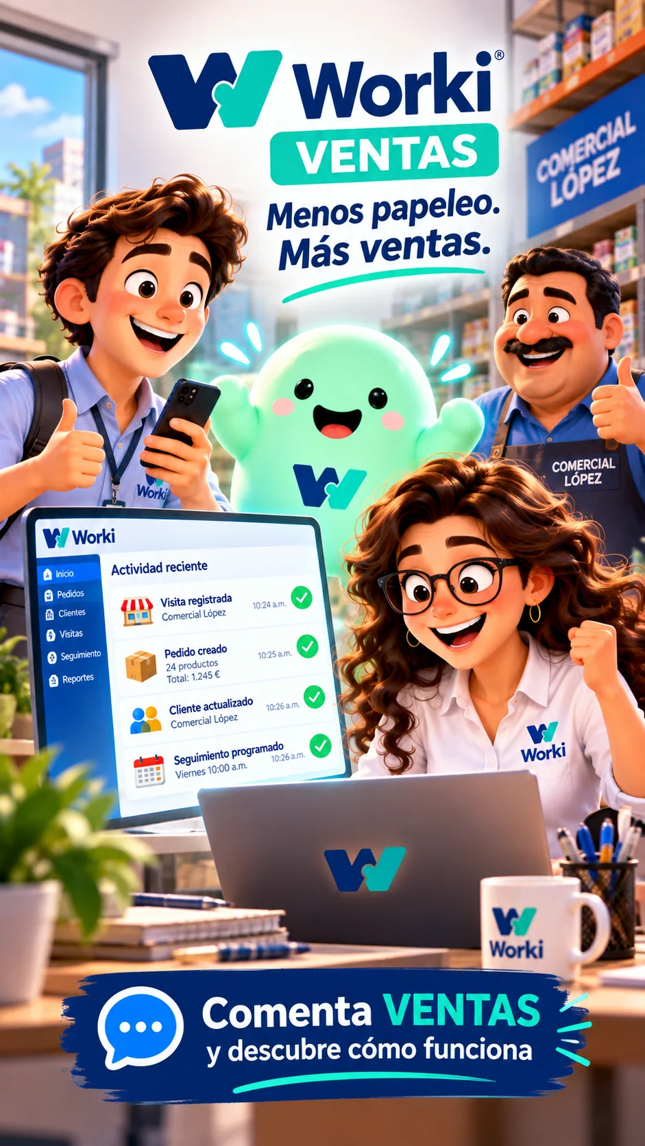 El vendedor, su cliente, la oficina y el asistente Worki conectados alrededor de la actividad comercial.