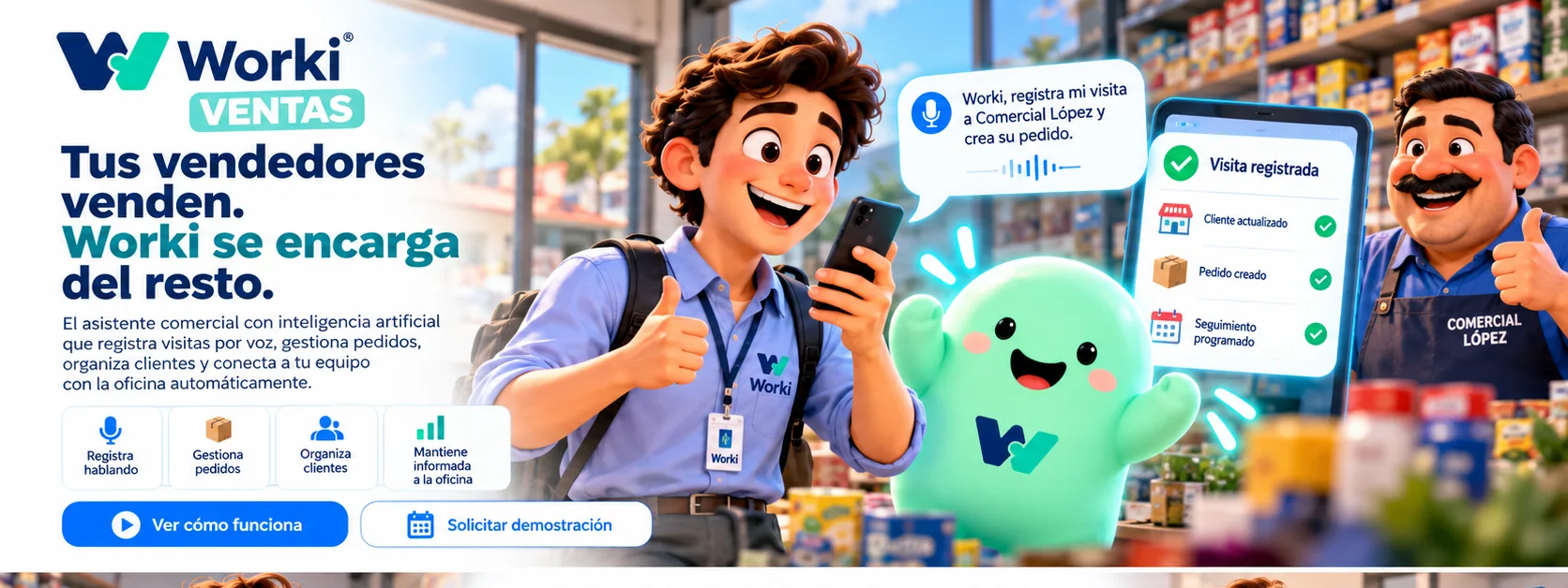 Un vendedor toma instrucciones en el teléfono acompañado por Worki y su cliente, en un comercio.